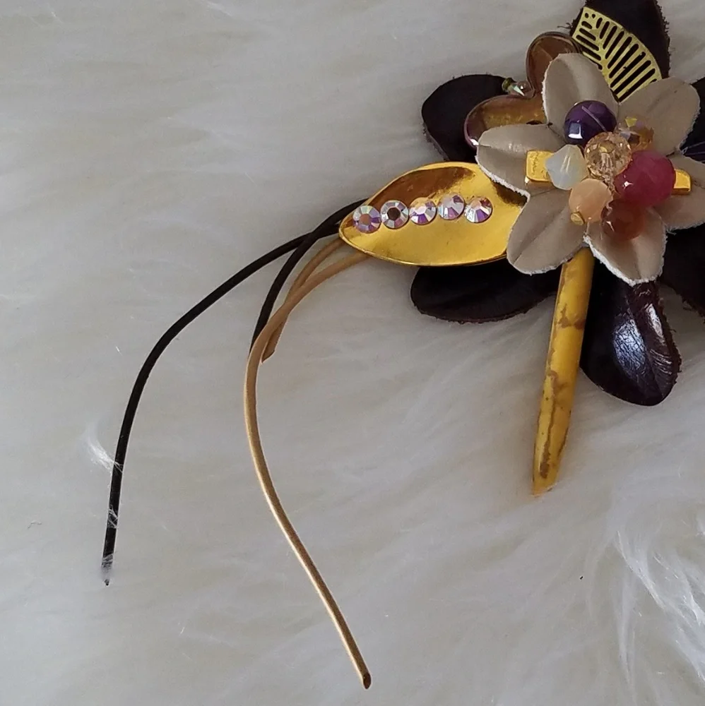 Swarovski Elements Genuine Brown Leather Flower Brooch - Handmade